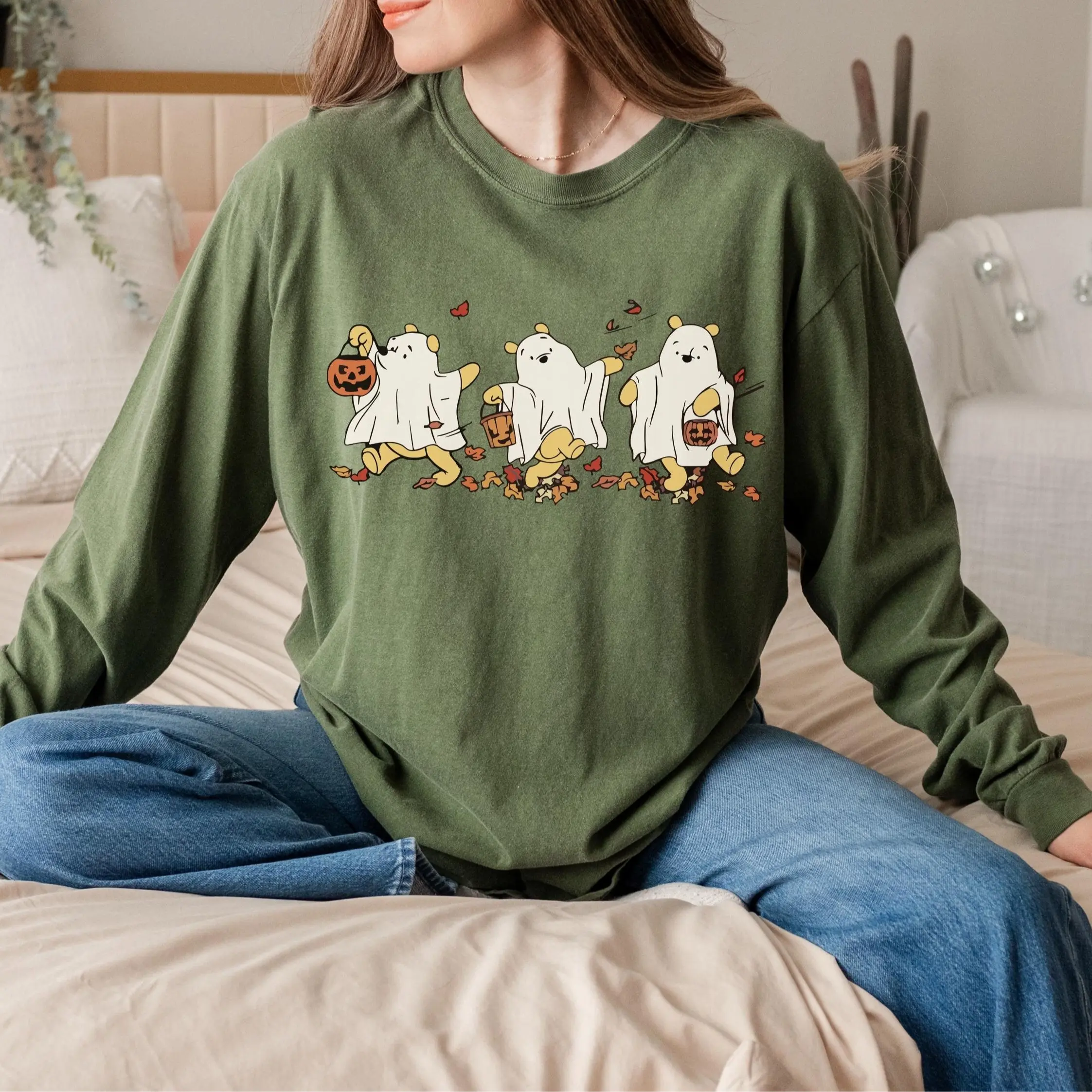 Retro Pooh Ghost Halloween Long Sleeve Shirt, Cute Halloween Tshirt, Spooky Season, Cute Fall Shirt, Gift for Her, Fall Gift
