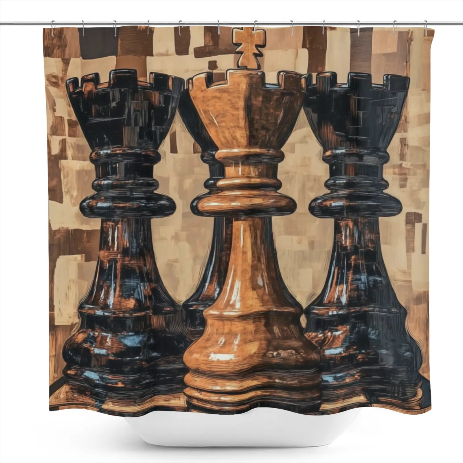 Vintage Wooden Chess Pieces Pattern Shower Curtain - Waterproof Polyester Fabric, 12 Hooks Included, 71in W X 71in H, Modern Art Design, Bathroom Decor, All-Season Home Supply
