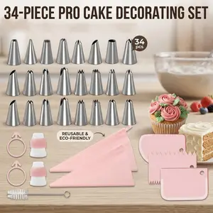 34 Pcs Pro Cake Decorating Set, 24 Stainless Steel Piping Tips, Reusable Piping Bags, Couplers, Scrapers, Baking Tools Kit for Beginners & Pros, Cake Decorating Supplies for Cupcakes, Cakes, Cookies