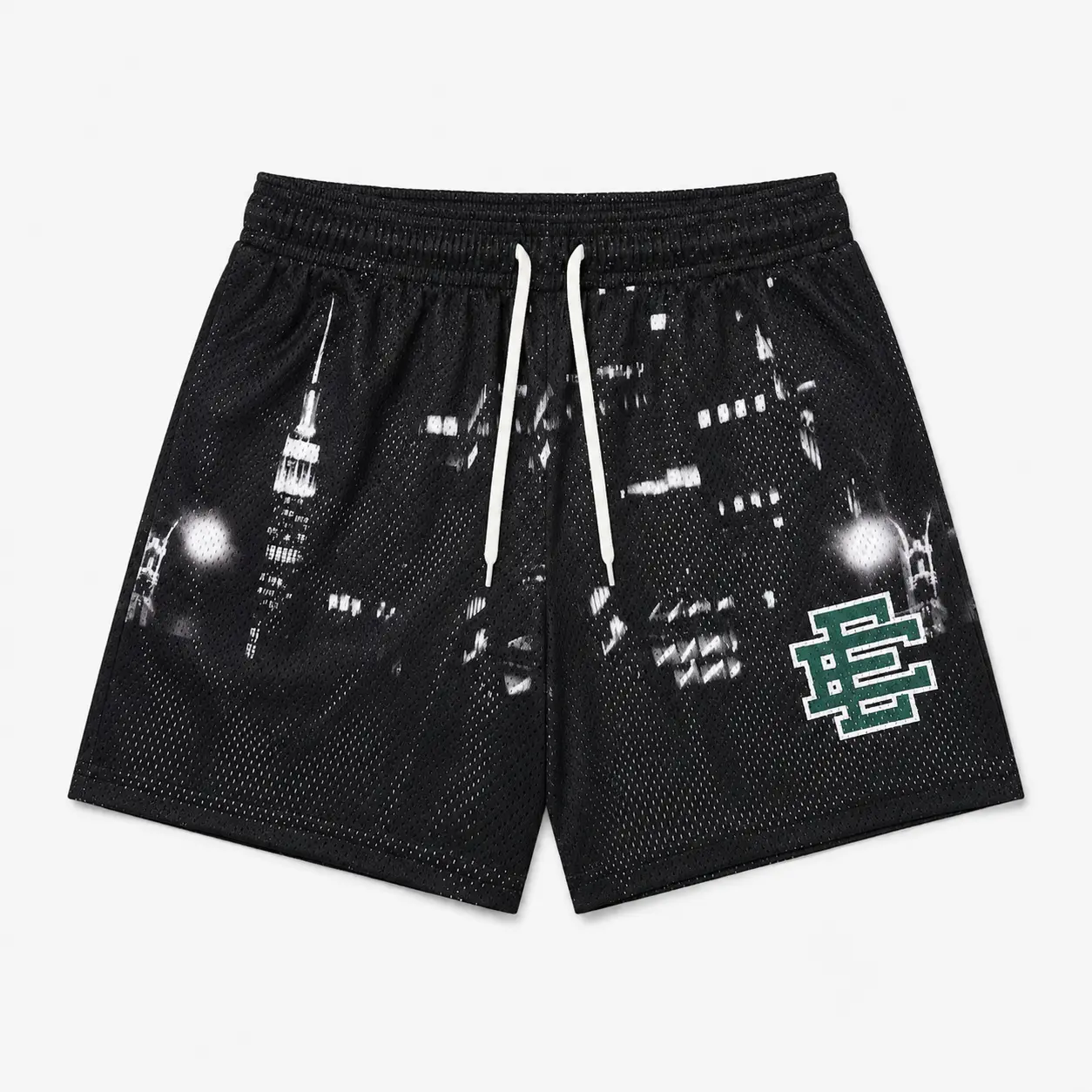 Eric Emanuel Men’s Night Skyline Graphic Mesh Basketball Shorts, Urban City Print Athletic Shorts, Breathable Streetwear Gym Shorts with Elastic Waist