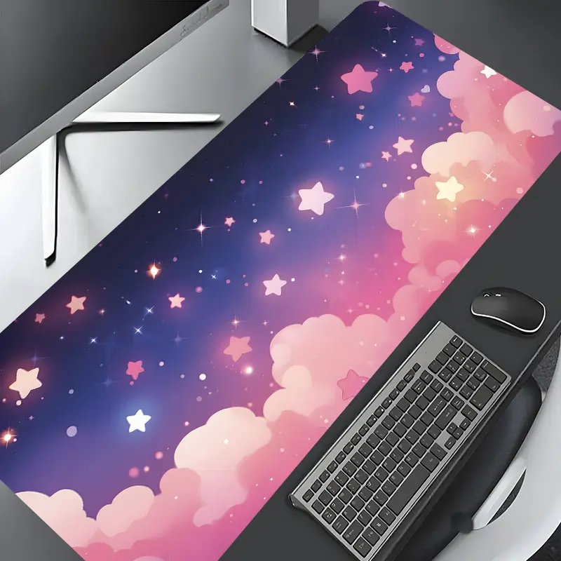 Cute Starry Pink Couds Large Gaming Mouse Pad, aesthetic desktop decoration pad, rubber non-slip lock edge pad, multi-size mouse pad suitable for laptop, desktop computer games, work, gift for boys, girls, Desktop Accessory, Desk Accessories