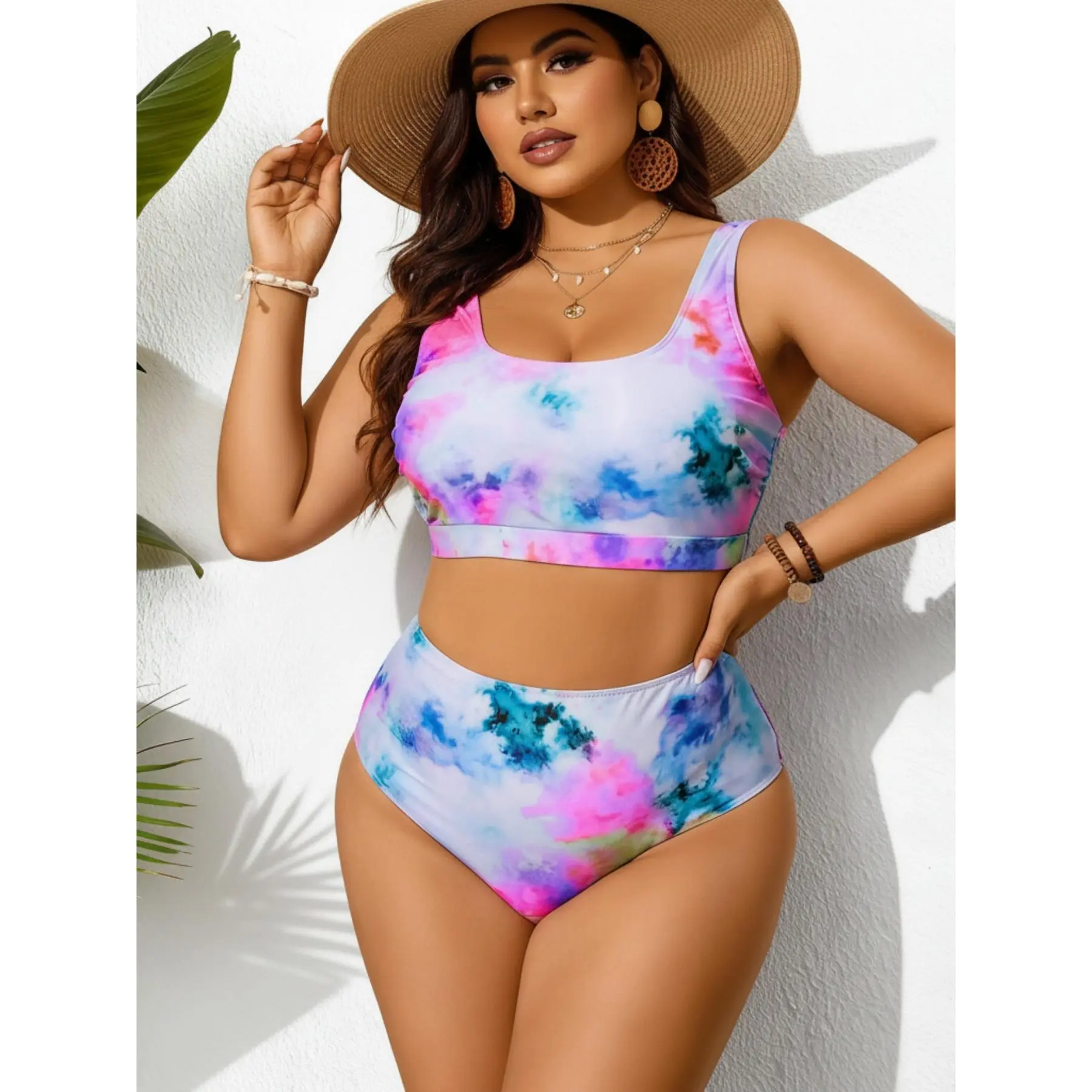 2pcs Swimsuit Suit - Full Coverage Wireless Top & High-Elastic Bathing Suit with Tie-Dye Gradient Bikini, Curvy-Friendly Beachwear for Pool, Vacation, Parties, Year-Round Wear
