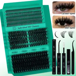 350 PCS Lash Clusters Kit D Curl Spike/Cat 50D/80D 3 Styles Mix10-18mm Lashes Kit, Eyelash Set, with Bond&Seal Lash Remover Lash Applicator, For Beginners &Proficient, DIY False Eyelashes at Home Easily, Easy Apply for Makeup Daily