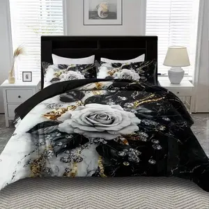 Gothic Rose Pattern Bedding Set, King Queen Style, Polyester, Bedroom Decor, Birthday Gift, Includes Fitted Sheet and Pillowcases
