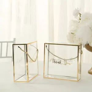 25 Pack Gold Trimmed Clear PVC Gift Boxes with Rope Handles and Thank You Print, Square Transparent Portable Candy Favor Boxes - 8"x8"