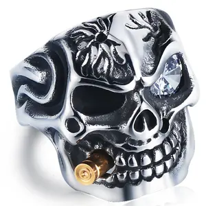 Hot Selling European and American Style Bold Skull Titanium Steel Ring with Diamonds Personality Punk Men's Ring Jewelry