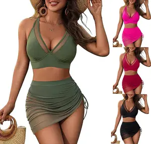 Women's High Waisted Tummy Control Bikini Set with Swim Skirt 2 Piece Bathing Suits for Beach Pool Green Pink Red Black