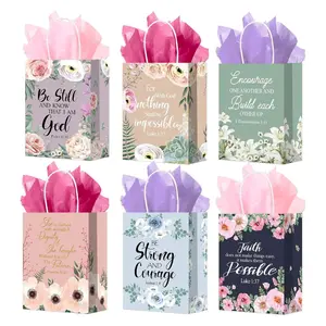24PCS Christian Gift Bags – Floral Bible Verse Paper Treat Bags with Tissue