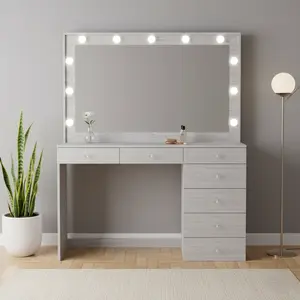 Scandi Glam Vanity with 7 Spacious Drawers Integrated Lighting Power Outlet & USB Ports Jewelry Drawer Nordic Design for Beauty & Productivity