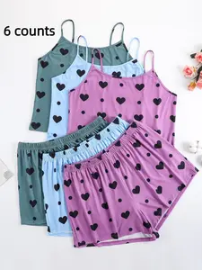 Plus Size Heart Print Elastic Waist Pyjama Set, Casual Sleeveless Spaghetti Strap Top & Shorts PJ Set, Women's Sleepwear for All Seasons