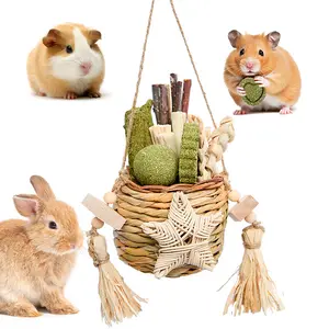Rabbit Chew Toys Hay Sticks Sweet Bamboo Woven Hanging Baskets for Chinchillas Guinea Pigs Hamsters Mice & Other Small Pets