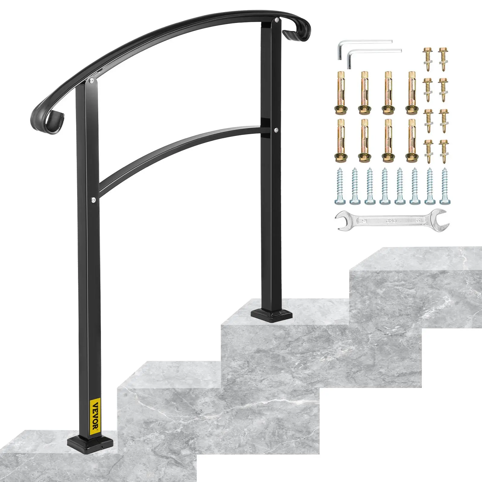 【Summerfinds】VEVOR 3-Step Transitional Handrail Fits 1 or 3 Steps Matte Stair Rail Wrought Iron Handrail with Installation Kit Hand Rails for Outdoor Steps (Unadjustable) (Black)