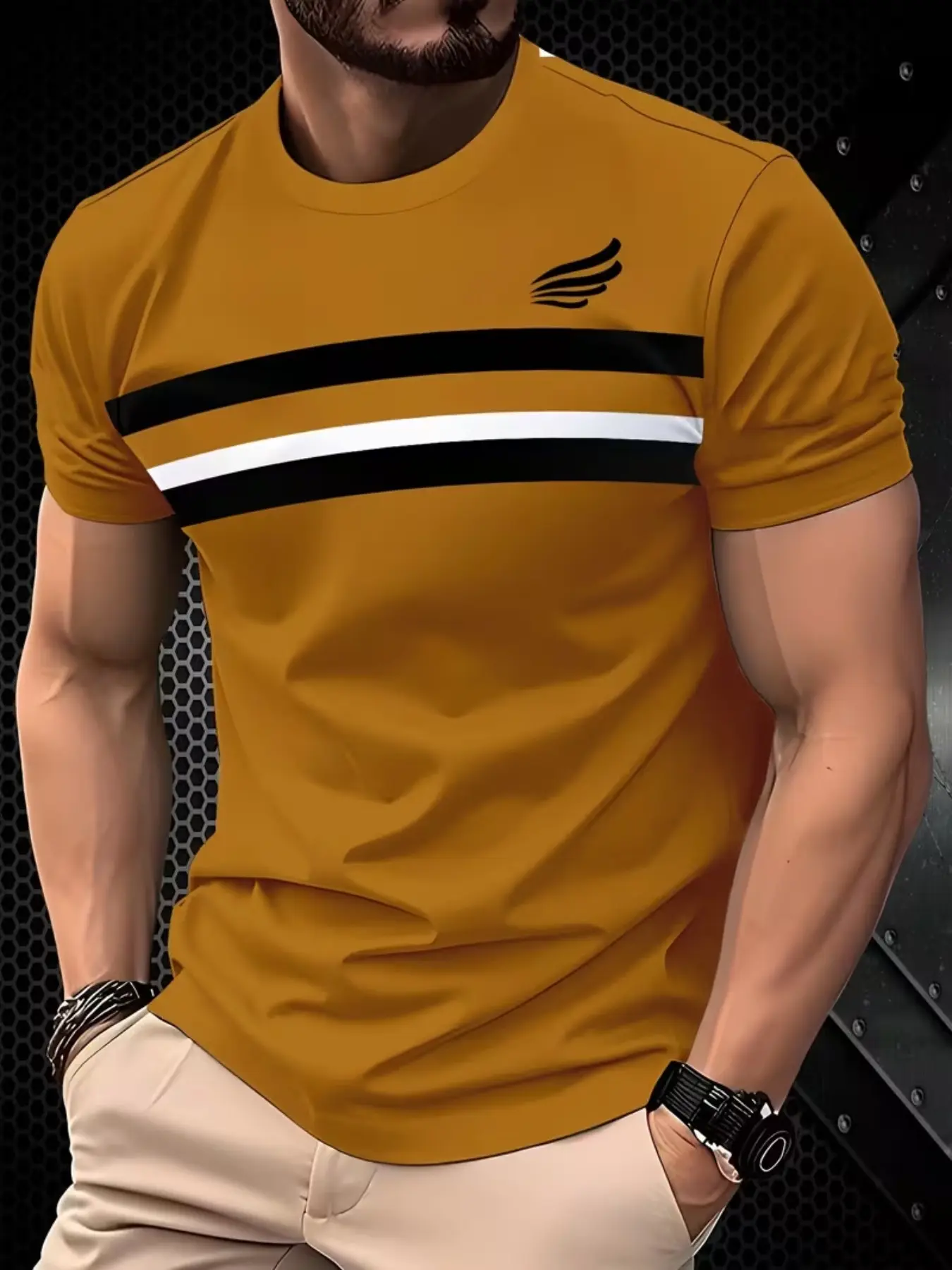 Men's Summer 3D Print Round Neck T-Shirt, Digital Striped Geometric Pattern, Casual Classic Comfortable Short Sleeve Top, Polyester Knit Fabric, Streetwear, Casual Tee Tops