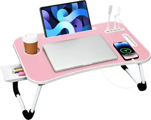 Multifunctional Foldable Lap Desk with 4 USB Ports | Cooling Fan, LED Light, Cup Holder & Storage Drawer | Perfect for Bed Sofa Floor Home Office Use