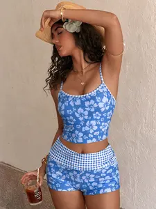 Women's Swimsuit tankini bikinis, summer t-shirt gingham Hibiscus floral  print beachwear tops bra built in/Going Out Outfits/Birthday Outfit/Casual/Y2k/2000s/Y2k Clothes /Classy/Old Money/Streetwear/Vacation Outfits/ beachwear