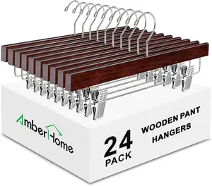 24 Pack Walnut Wooden Pants Hangers with Clips, 14" Wood Skirt & Trousers Hangers, Closet Hangers for Jeans, Slacks, Shorts, with 2-Adjustable Clips (Vintage, 24)