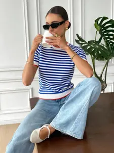Women's Fashion Round Neck Short Sleeve Striped Patchwork Casual Summer Chic Knit Sweater Top, Daily and Holiday Wear, Fitted Style, All Seasons, Lady