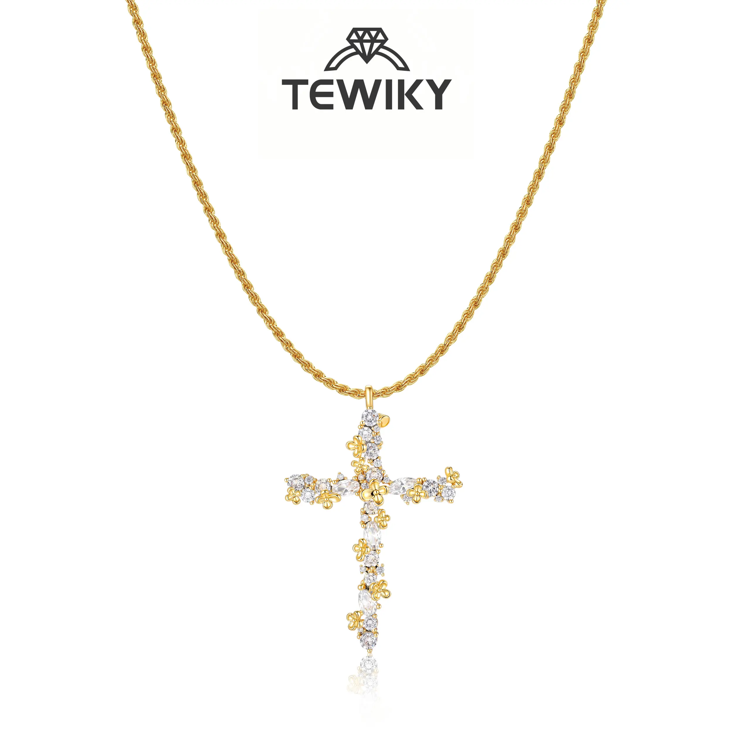 Tewiky 14K Gold Plated Beaded & Twisted Chain Pearl Cubic Zirconia Cross Necklace with Floral Carved Petal Cross Design, Fashion Jewelry for Women, Daily Casual Elegant Necklace for All Occasions