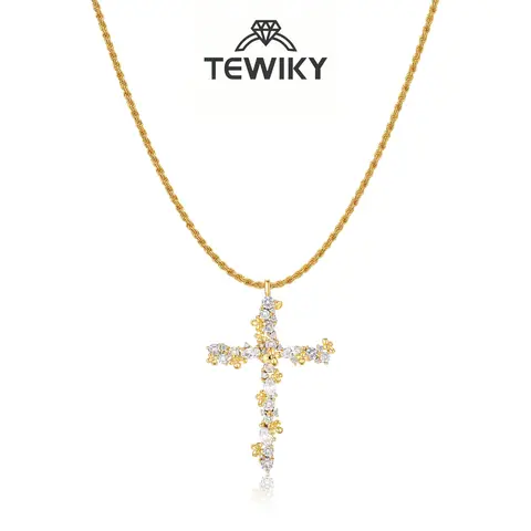 Tewiky 14K Gold Plated Beaded & Twisted Chain Pearl Cubic Zirconia Cross Necklace with Floral Carved Petal Cross Design, Fashion Jewelry for Women, Daily Casual Elegant Necklace for All Occasions Back To School