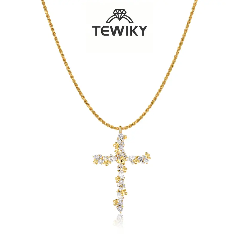 Tewiky 14K Gold Plated Beaded & Twisted Chain Pearl Cubic Zirconia Cross Necklace with Floral Carved Petal Cross Design, Fashion Jewelry for Women, Daily Casual Elegant Necklace for All Occasions Back To School