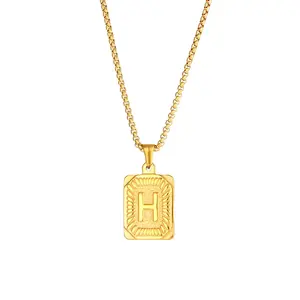 2023 New Stylish Square Pendant Necklace Men's Stainless Steel Gold Plated Letter Necklace Initial Necklace For Women