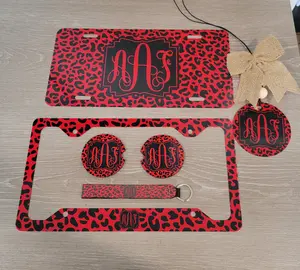 Red Cheetah Leopard Personalized License Plate and Car Coasters, Personalized, Custom Car Tag, License Plate for women, Monogram