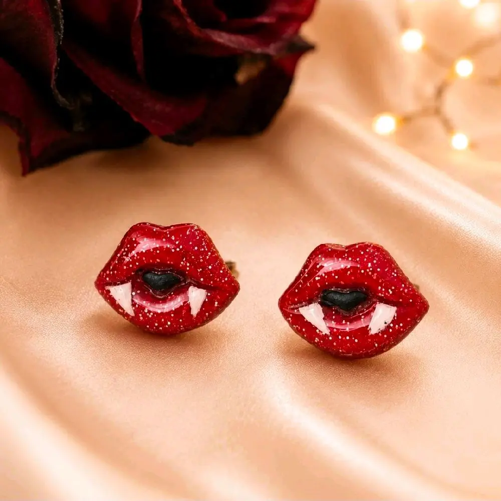Handmade Vampire Kisses Stud Earrings, Spooky Vibes Gothic Jewelry for Halloween Parties