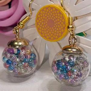 Bubble Bead Resin Earrings Handmade Dangle Over 1 Inch with Colorful Beads and Gold Tone Hook
