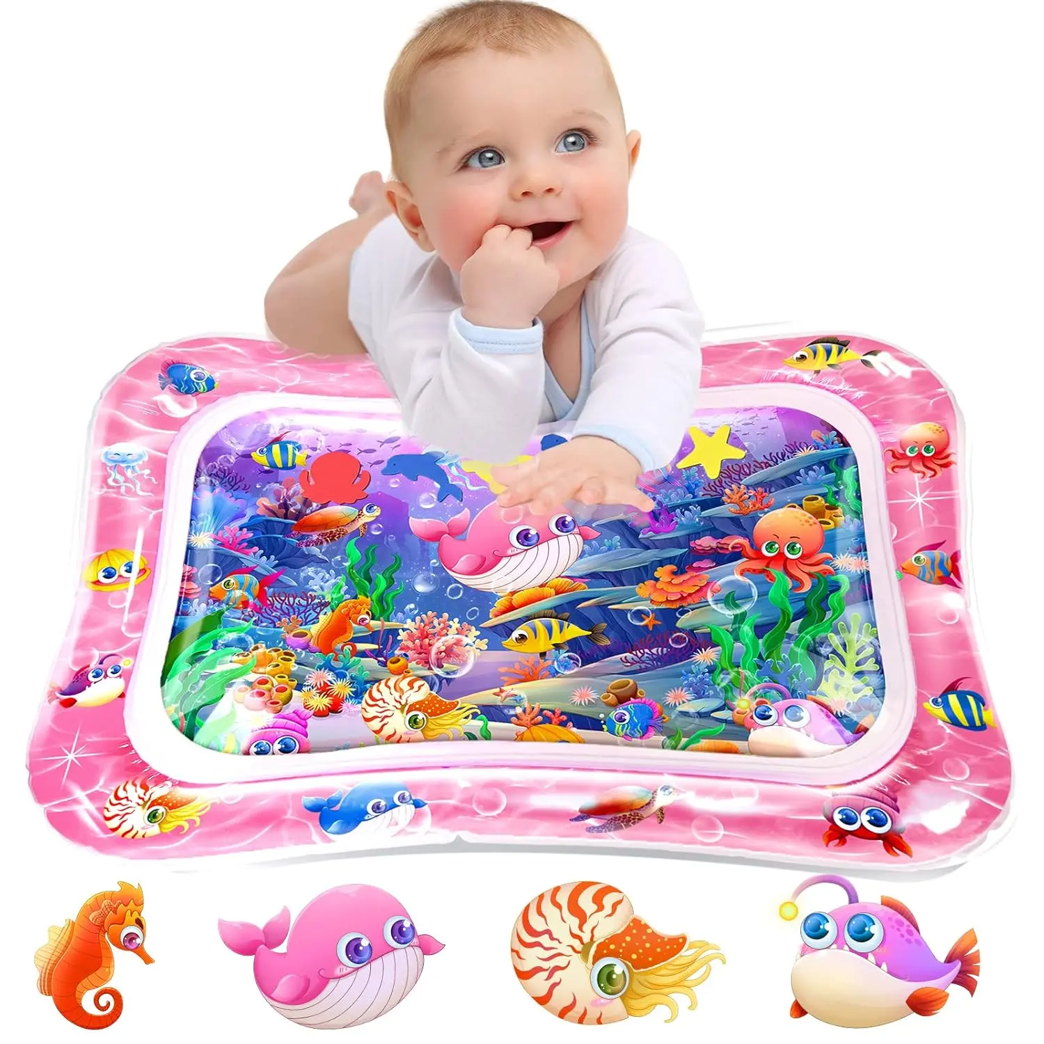 Rectangular Inflatable Tummy Time Water Mat for Baby 3-18 Months, BPA-Free Leak-Proof Sensory Toy with Seabed Patterns, Whale & Marine Animals, Summer Pool Kids Gift