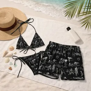 Matching Yeehaw Ranch Life Couples Swimwear, Bikini Tie Side Thong & Men’s Beach Shorts Set, Hawaiian Style Swimsuit, His and Hers Beachwear