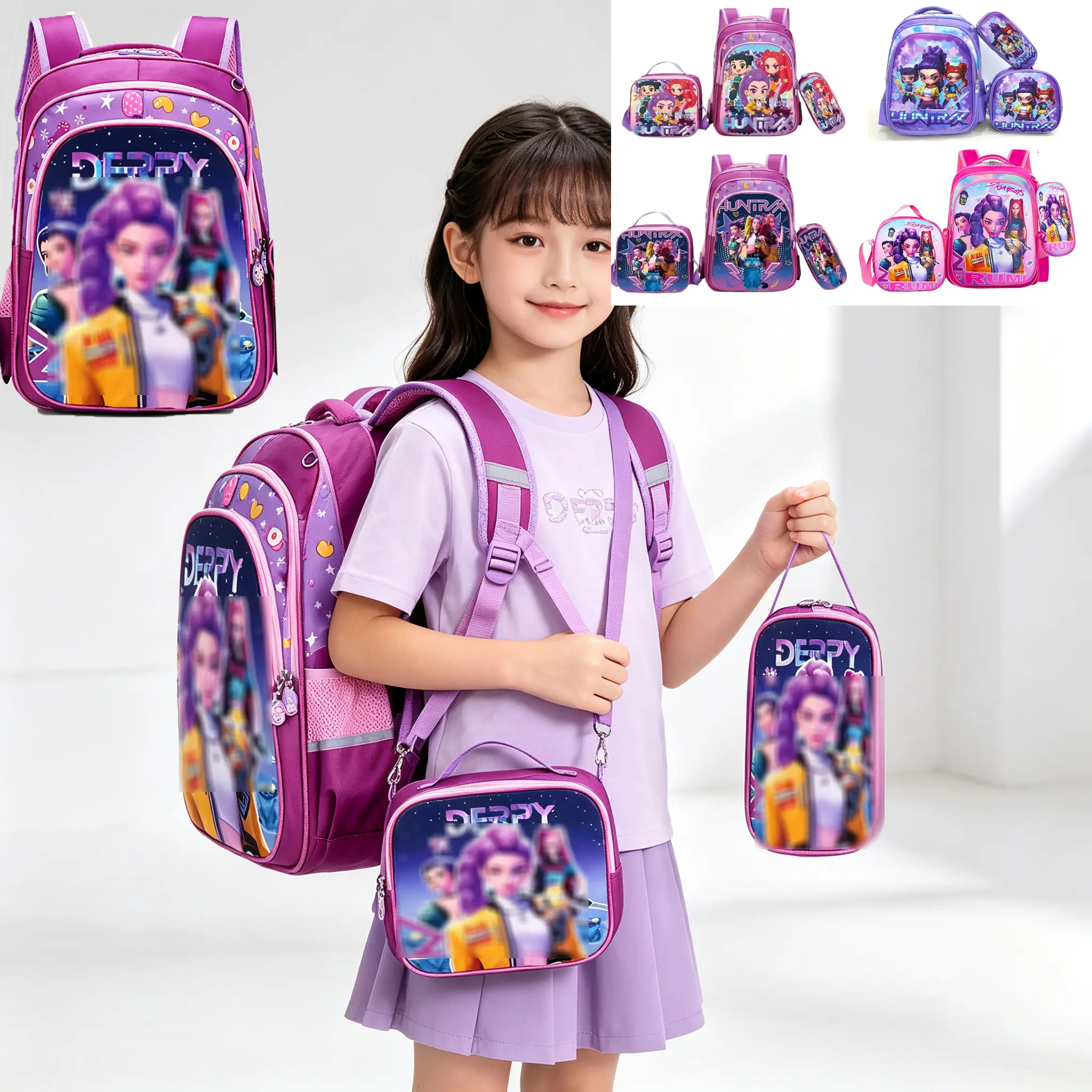 3D Anime K-Pop Girl 3 in 1 Backpack Set, 15.7 Inch PinkLarge Capacity Laptop School Daypack with MatchingInsulated Lunch Bag & Stationery Pencil Case, Cute KawaiiAesthetic Travel Backpack Gift for Teen Girls Students
