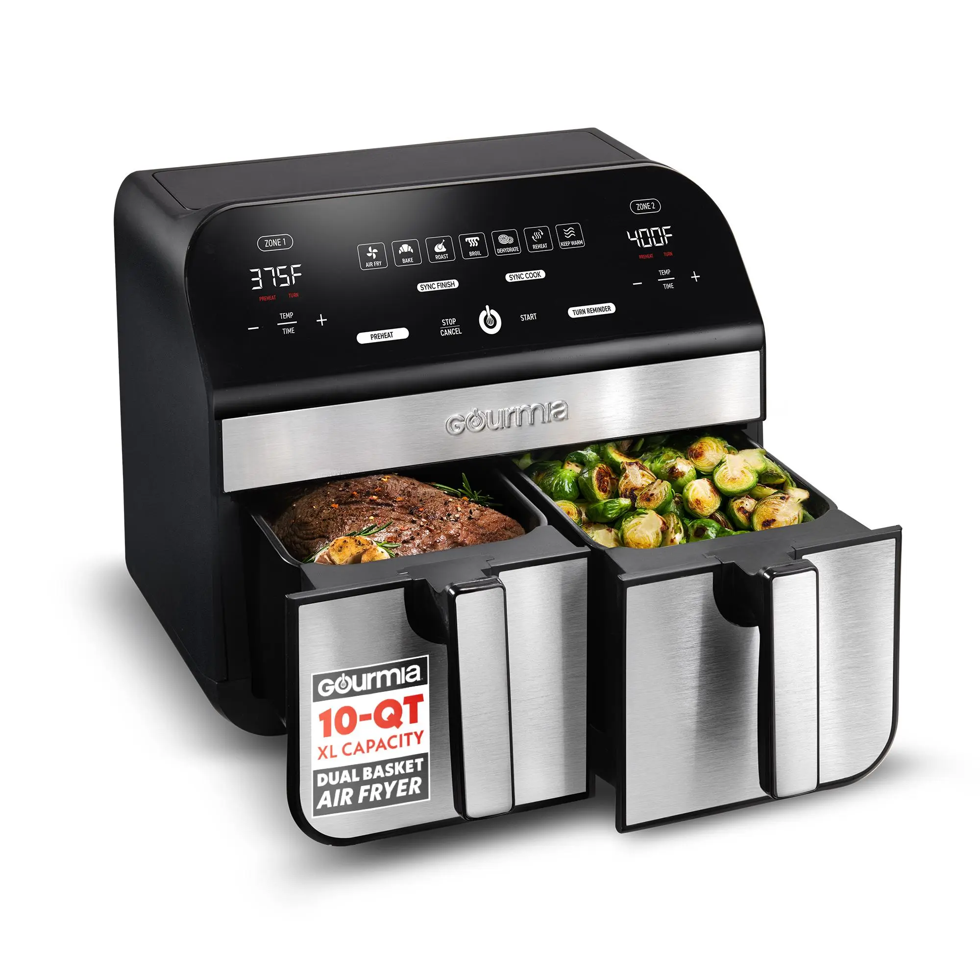 Gourmia 10 Qt Dual Basket Square Air Fryer - Adjustable Temperature Fryer with FryForce 360° Technology, 7 Presets, Match Cook Sync Finish, Large Capacity for Families