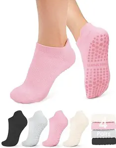 4 Pairs Women's Anti-Slip Grip Athletic Sports Socks for Yoga Ballet Fitness Hospital Use Barefoot Wear, Sporty Fitted Plain Design All Seasons, Sports Tight Socks compression stockings