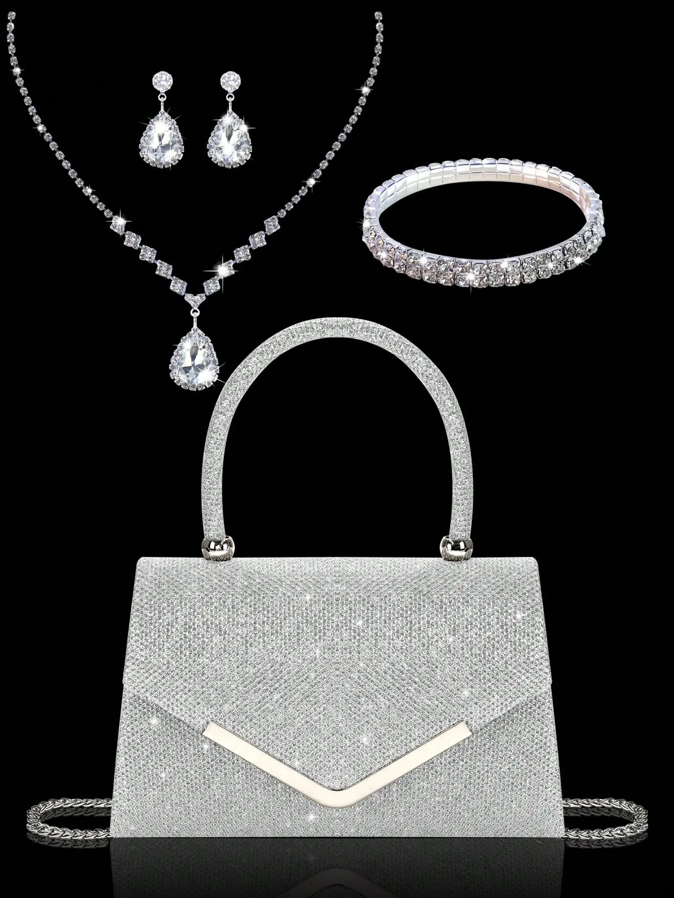 Women's Silver Rhinestone Evening Combo Bag - 4PCS Jewelry Set (Necklace, Earrings, Bracelet), Chain Strap Glam Crystal Top Handle Clutch, Elegant Luggage & Bags for Wedding, Prom, Crystal Bag Women's Clutches & Wristlets