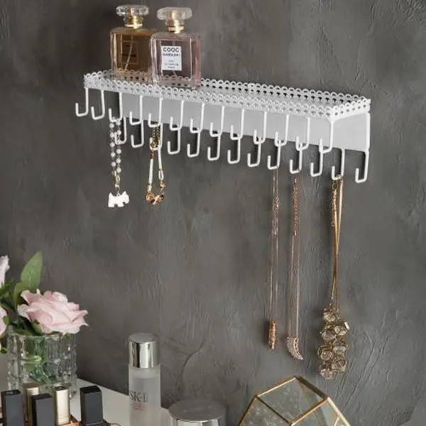 White Metal Jewelry Shelf with Hooks, Set of 2
