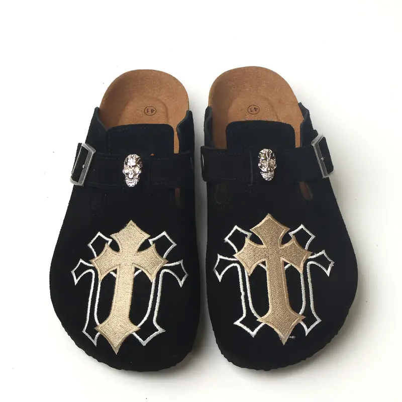Clogs  slip-on shoes， Cross Men's Mule Shoes, Slip On Mules, Cowhide Leather Upper, Rubber Sole, Embroidered Design, Casual Style, Spring & Fall Footwear, Stylish Punk Clogs