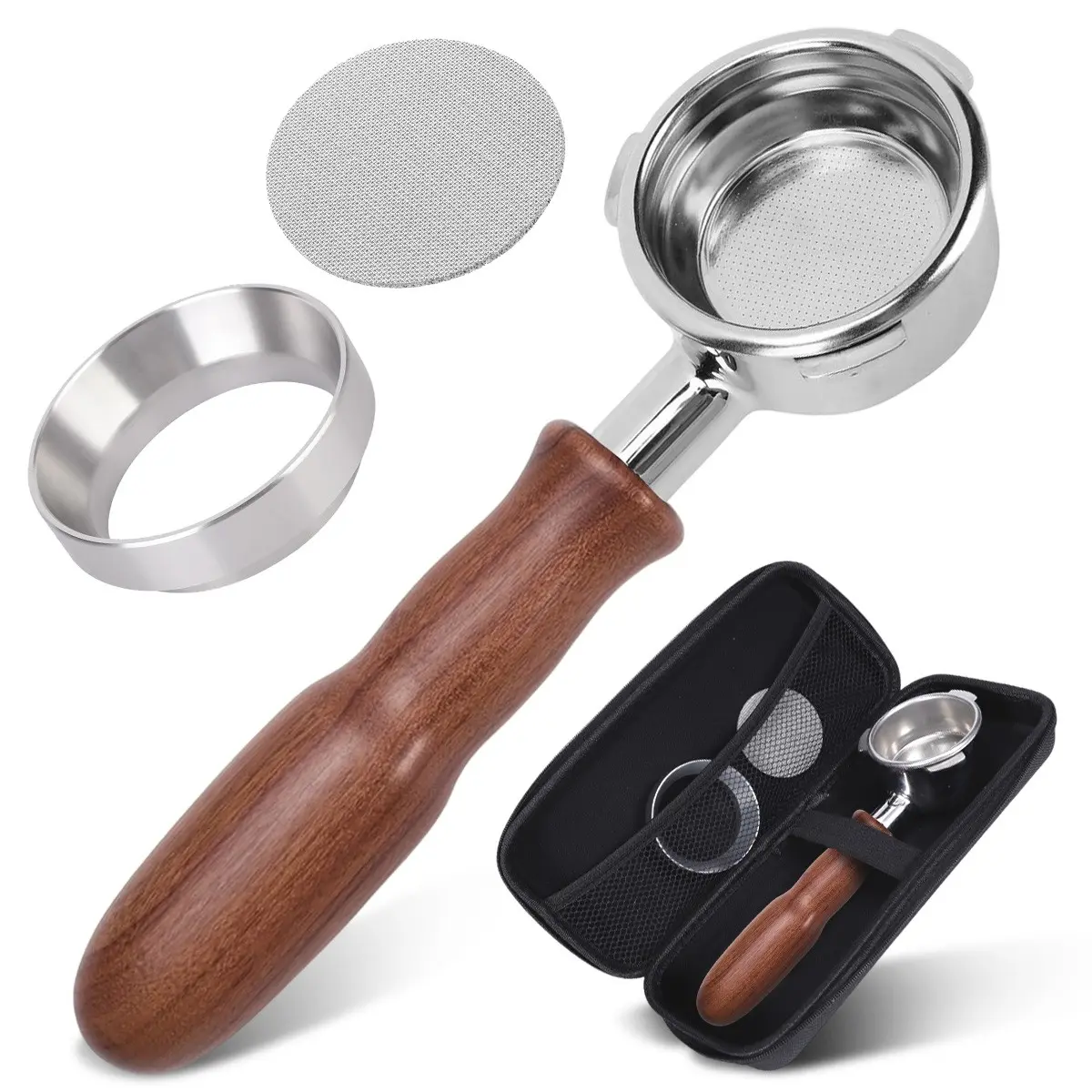 58mm Espresso Bottomless Portafilter with Dosing Funnel and Puck Screen Set, 3 Ears Stainless Steel, Wood Handle, Compatible with Barsetto BAE01, Calphalon Temp IQ, Coffee Replacement Accessories, Coffee Brewing Accessories