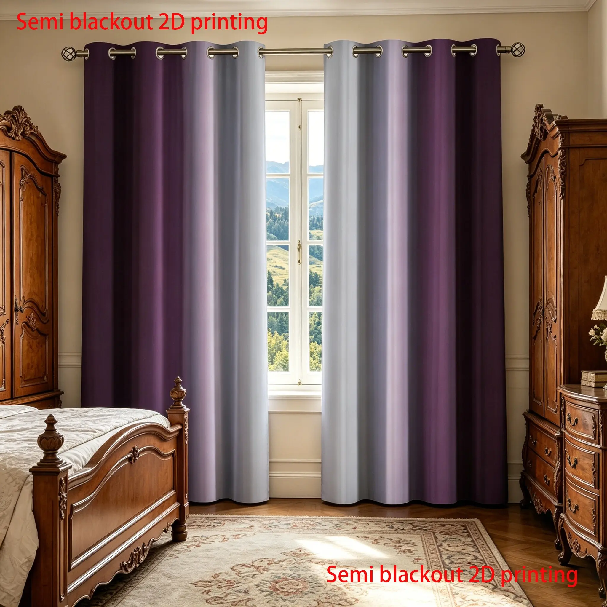 2-piece set of light luxury purple gray gradient semi blackout curtains Window Curtains 2D digital printed polyester fabric European retro bedroom living room universal finished curtains