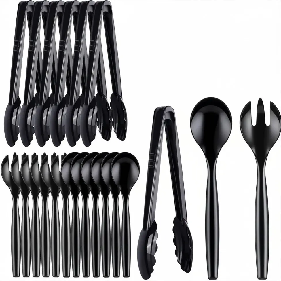 18Pcs Serving Utensils, 10'' Plastic Serving Utensils Set, Disposable Serving Spoons for Buffet, Large Serving Tongs for Food, Heavy Duty Party Supplies for Salad Soup Cooking Catering(Black)