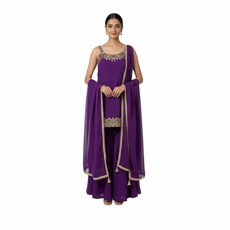 Women's Ethnic Elegant Soft Georgette Spaghetti-Strap Plazo Clothes Set, Modern Purple Outfit for Upcoming Season Parties & Key Occasions, Elegant Suit