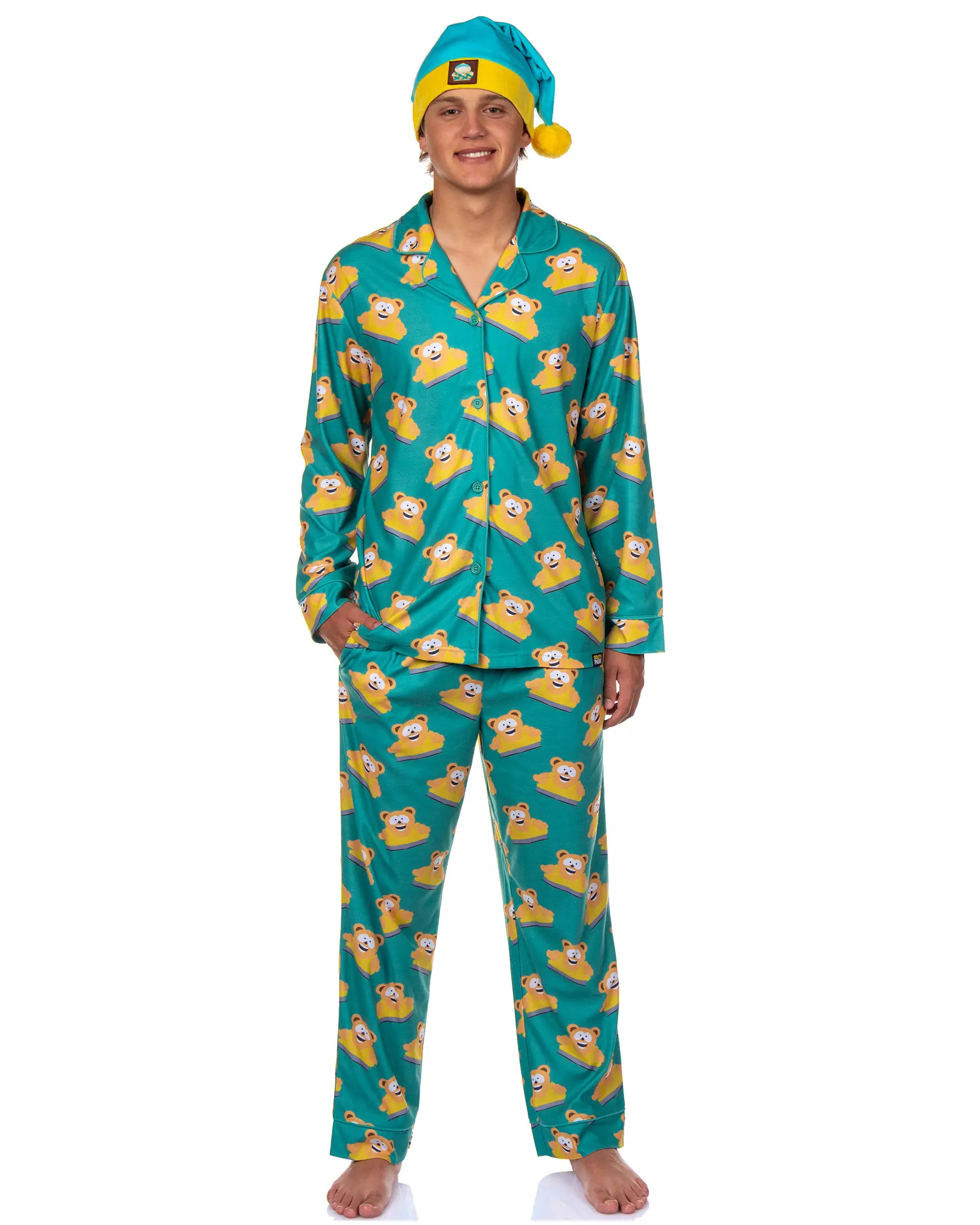 PJammy Men's South Park Pajama Set, 3-Piece Wellington Bear Print Long Sleeve Polyester Shirt with Cartman Nightcap, Nightwear, Fabric, Menswear, Matching