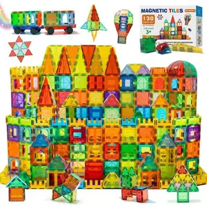 Magnetic Tiles, 130PCS Magnetic Blocks with 2 Cars, Magnet Tiles 3D Clear Building Blocks Set, STEM Sensory Educational Toys Gift for Toddlers Kids Boys 3 4 5 6 7 8 9+ Year Old