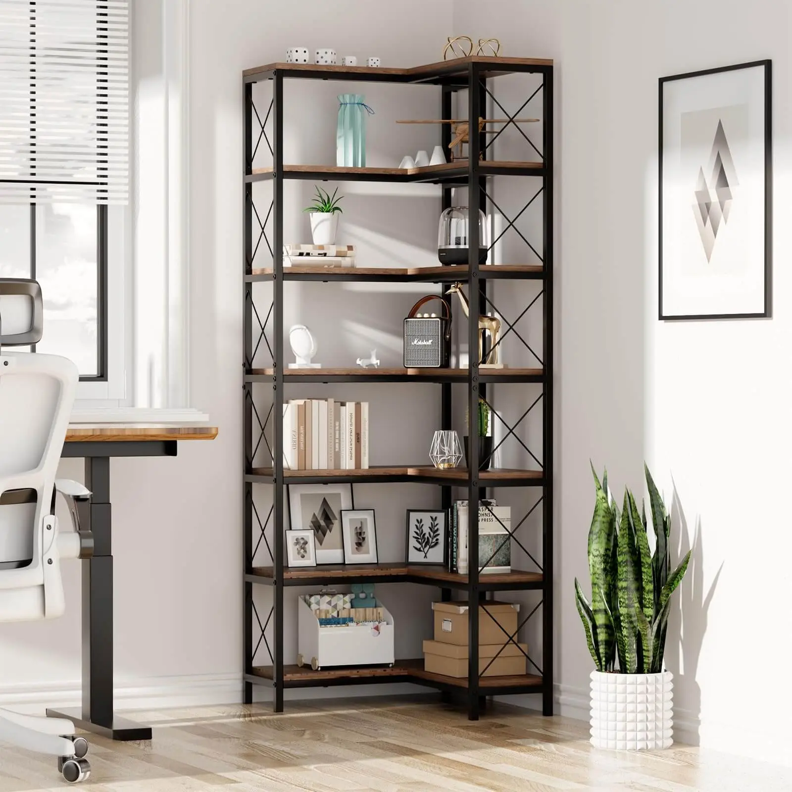 7 Tier Corner Bookshelf with LED Lights, 78.7” High Corner Shelf Storage for Living Room, Study Room, Metal Frame Extra Large Capacity, Flamed Color IF076