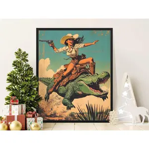 [Sale up to 50%] Vintage Western Cowgirl Riding Alligator Art Print, Unframed Luster Paper Graphic, Wild West Home Decor Wall Art, Vivid Retro Poster Illustration