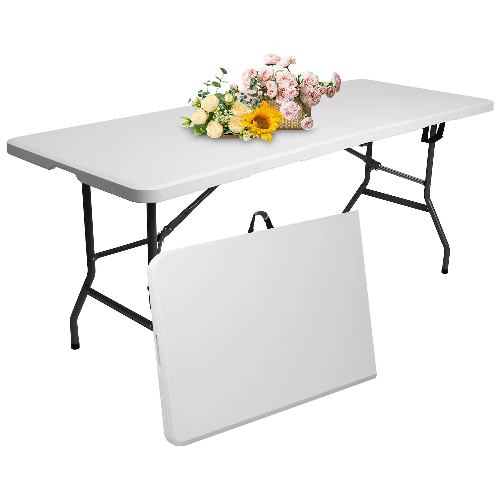 WGCTEK Foldable Picnic Table - 4FT/6FT, Half-Folding, Height-Adjustable, Sturdy, Portable with Handle & Lock, Quick Assembly, Easy Storage, White for Outdoor/Indoor Use