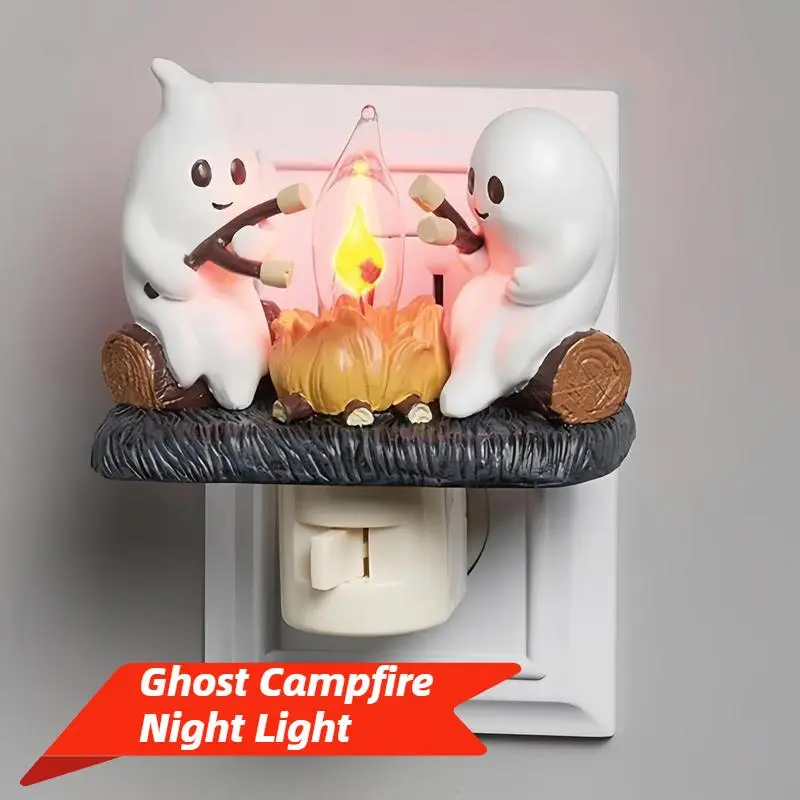 Ghost Campfire Night Light,2025 Ghost Campfire Flickering Nightlight, 3D LED Small Faux Campfire Night Light, Funny Halloween Nightlight Indoor Decorations