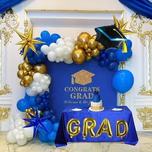 127pcs Royal Blue Gold Graduation Balloon Wreath Arch Set with Graduation Hat 2025 Graduation Ball Birthday Party Decoration Wedding