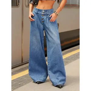 Women’s Casual Denim Wide-Leg Loose Pants, Solid Color Water-Washed Jeans, Front Button Pockets with Zipper Design, All-Season Fashion