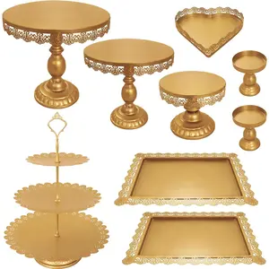 AGS Set of 9 Cake Stands Metal Cupcake Stand Set Multiple Styles Candy Fruit Display Tower Dessert Plate Cake Serving Tray for Birthday Party Wedding Anniversary Baby Shower Engagement (Gold)