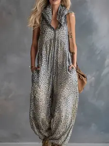 1 Piece Women's Summer Leopard Hooded Zip Up Jumpsuit, Loose Harem Streetwear Outfit